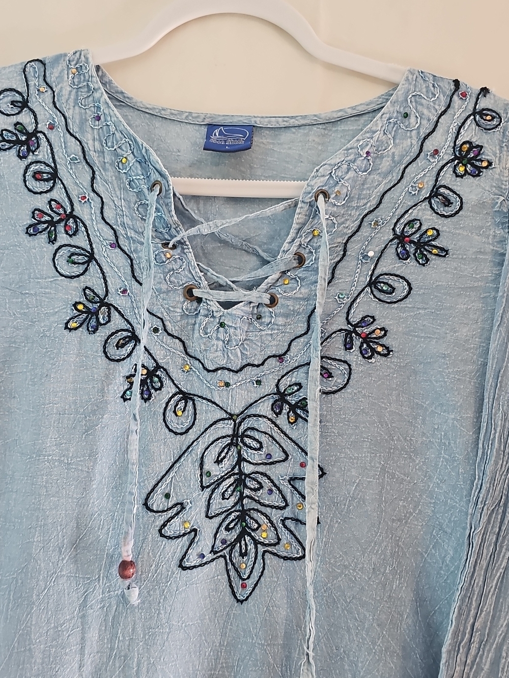 Boho Shoe Shock 100% Cotton Light Blue Embroidered Lace-Up Tunic Dress - Picture 2 of 8